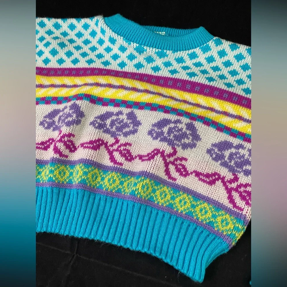VINTAGE Rainbow Connection Sweater Girls Toddler 3T Purple Roses Blue Yellow 80s - Picture 2 of 6